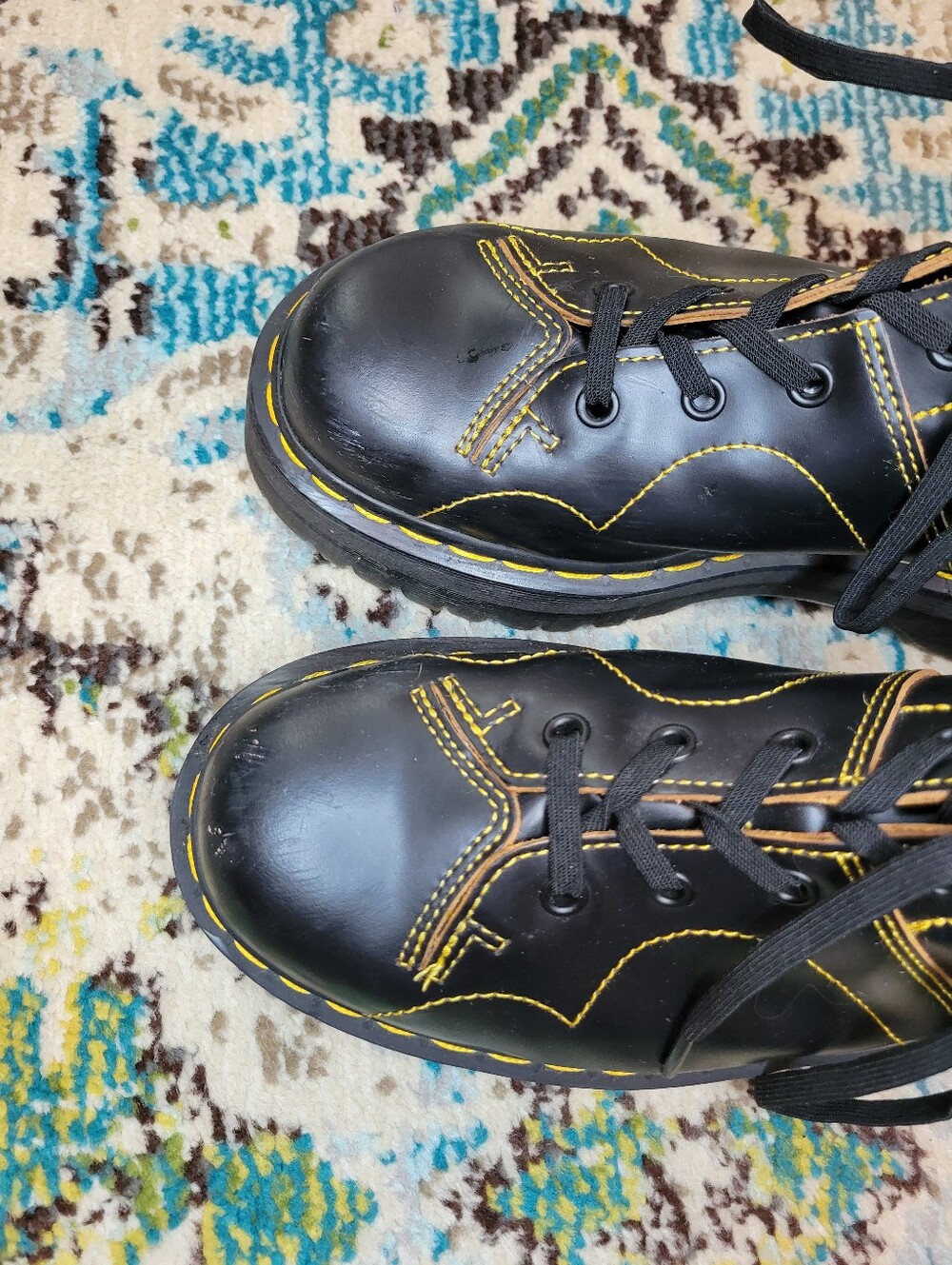 Dr. Martens Church Quad Platform Monkey Yellow Stitching Leather Boots, W9 M8 - Picture 5 of 10
